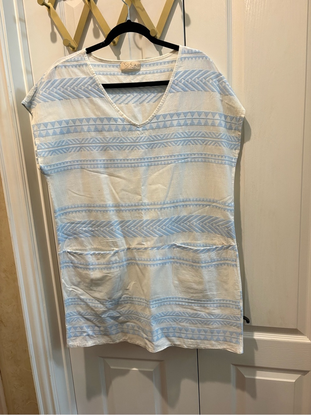 Casual V-Neck Mini Dress in Light Blue & White by